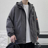 RXEX外套男春秋冬季潮流韓版寬松休閑衣服男裝潮牌假兩件工裝連帽夾克 WT152-深灰色-常規(guī) XL （店長推薦）
