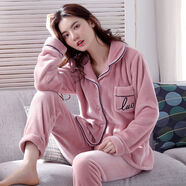 奈加圖（NAIJIATU）睡衣女秋冬季加厚款加絨冬天韓版長(cháng)袖法蘭絨家居服保暖套裝 豆沙LUO字母女【加厚法蘭絨】 M 【80-100斤】