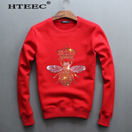 hteec香港潮牌秋冬季加絨衛(wèi)衣新款男士修身圓領(lǐng)衣服燙鉆小蜜蜂圖案休閑 黑色加絨 2XL
