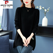 皮爾卡丹（pierre cardin）羊毛衫開叉毛衣女中長款寬松顯瘦針織衫圓領(lǐng)碼大打底衫羊絨上衣 黑色 5XL建議175-190斤
