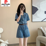 皮爾卡丹網(wǎng)紅牛仔連衣裙女2025夏季新款薄款收腰顯瘦氣質(zhì)短袖襯衫裙潮 藍(lán)色連體褲 (腰帶) M 建議100-115斤
