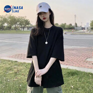 NASALIKE夏季潮牌字母百搭t恤女寬松韓版純棉短袖中長款ins風(fēng)中袖上衣服潮 黑色純色 XL 建議120-140斤