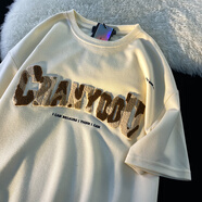美式復古毛巾刺繡短袖T恤男生ins潮牌情侶圓領假兩件半袖青少年學生百搭休閑打底上衣 黃色 2XL