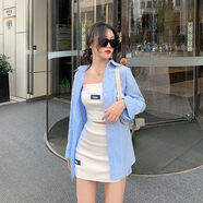 呦魅夏裝2022新款性感抹胸包臀短裙兩件套+韓版中長(zhǎng)款襯衫休閑套裝 藍(lán)色襯衫+抹胸+半裙 S