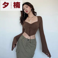 夕楠歐美時尚個性辣妹短款上衣女設(shè)計感小眾喇叭袖純色百搭胸型T恤潮 棕色 S-建議75-90斤