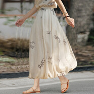 知筆墨夏款新品斜紋苧麻清新印花花苞式復古雙層顯瘦清爽半身裙 月影灰 L