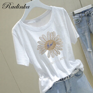 Radinka2026夏新款竹節棉鑲鉆純棉短袖T恤女韓寬松白色上衣HBN 1214#【燙鉆雛菊】白色 M 