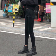 鯉冰 黑灰緊身牛仔褲女韓版高腰顯瘦小腳褲彈力鉛筆褲學(xué)生街拍煙管褲 黑色 【長(cháng)褲】 25 【建議73-80斤】