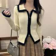 沐依琳撞色拼接毛毛針織打底衫女秋冬復古翻領(lǐng)修身毛衣外套短款開衫上衣 杏色 S 80-95斤