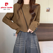 皮爾卡丹軟糯短款套頭毛衣女春秋洋氣復(fù)古慵懶風針織打底衫小個子內(nèi)搭上衣 深咖色 M