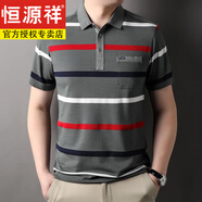 恒源祥純棉短袖t恤男士中年爸爸裝翻領條紋真口袋商務POLO衣衫潮上衣 灰色 165/M 95-115斤