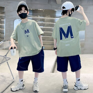 阿爾妮塔（Aernita）兒童裝男童夏裝套裝2024新款中大童男孩衣服純棉短袖T恤兩件套潮 綠色套裝 120碼適合身高1.1米左右