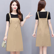 彌多紅牛仔背帶裙小個(gè)子外穿牛仔連衣裙減齡顯瘦包臀裙吊帶裙子 8626#背帶裙【卡其】 M碼【建議101--110斤】