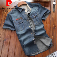 皮爾卡丹（pierre cardin）夏季薄款牛仔短袖外套中青年休閑上衣男士大碼寬松雙口袋百搭男裝 灰藍色 XL