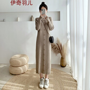 毛衣裙秋冬連衣裙女裝針織衣服旗袍禮服西裝冬季小香風套裝新品冬裙子打底修身包臀蕾絲少女波點性 深杏色 M