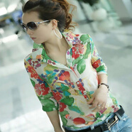 歌班婭2022夏季新款韓版清新甜美碎花雪紡襯衫女短袖修身百搭印花襯衣女 綠碎花 短 袖 M