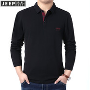JEEP SPIRIT翻領(lǐng)長袖t恤男春秋純色休閑棉質(zhì)繡標開衩彈力體恤衫紐扣袖口上衣 黑色 XL180/96A建議150-155斤