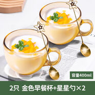 家爵士茶色玻璃杯早餐杯子帶蓋帶勺子大容量酸奶杯家用早餐碗豆?jié){杯水杯 2琥珀色早餐杯+2星星勺 400ml