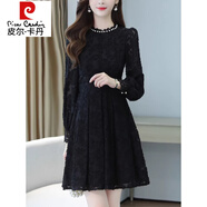 皮爾卡丹（pierre cardin）高端連衣裙女2025新款秋冬時(shí)尚時(shí)髦法式氣質(zhì)蕾絲收腰加絨打底裙子 黑色(薄款) M 【95-105斤】