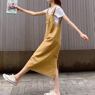黛芙熙單件/套裝牛仔背帶裙森女系中長款過膝洋氣時(shí)尚減齡連衣裙夏季薄 卡其色單件裙子 S 建議100斤以下