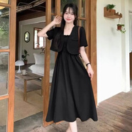 Lauaird300斤大碼女裝胖mm連衣裙套裝女夏季寬松短袖小外套+吊帶裙兩件套 黑色套裝 5XL175190斤