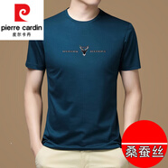 皮爾卡丹（pierre cardin）桑蠶絲短袖t恤男士圓領(lǐng)薄款夏季中年半袖真絲潮流體恤衫透氣衣服 蝦青 185/XXXL