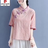 皮爾卡丹2025中國風繡花半袖女盤扣旗袍上衣中式改良夏仿棉麻禪意茶服漢服 粉色【單上衣】 2XL 115-125斤內(nèi)