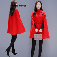 Mirza Mirror披肩斗篷外套女秋冬赫本風(fēng)毛呢大衣2025年新款中長(cháng)款呢子披風(fēng) 紅色 內襯加棉 XS 大概95-105斤