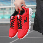 特步（XTEP）男鞋皮面運動(dòng)鞋防水革面輕便軟底舒休閑旅游跑步鞋子青年男士 紅黑 42