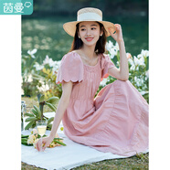 茵曼波浪邊袖連衣裙2025夏女裝新品松緊腰大A擺蛋糕公主裙子 藕粉色 -K18322386H1 XL