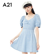 A21夏季女裝泡泡短袖方領短連衣裙刺繡氣質牛仔甜美風裙子 天藍 L