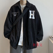 魯賓克 燈芯絨外套男春季潮牌美式復(fù)古棒球服男生夾克寬松情侶棒球服男 黑色 XL（120-140斤）