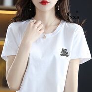 SXA香港潮牌短袖t恤女絲光棉2025夏季新款燙鉆印花T恤百搭打底上衣 白色立體熊胸標 M