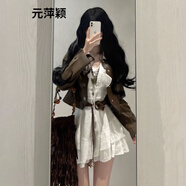 元萍穎連衣裙子秋冬季小個(gè)子法式白色長(zhǎng)袖連衣裙子純欲短款皮衣外套甜辣 腰帶套裝(皮衣+連衣裙+腰帶) M