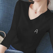 索宛亦（SUOWANYI）】女裝新款2022秋季女上衣長(cháng)袖v字領(lǐng)T恤寬松打底衫雞心領(lǐng)微胖女裝 黑色長(cháng)袖 V領(lǐng) 【A】 XL 碼【建議115-128斤】