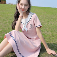 方糖姑娘初中生連衣裙青春少女裝學(xué)院風(fēng)高中學(xué)生海軍領(lǐng)收腰裙子夏裝新款 83076SC粉色 S