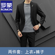 羅蒙（ROMON）男士休閑西裝修身薄款小西服春秋痞帥潮流結婚外套上衣男 黑色兩件(上衣+褲子) L(110-120斤)