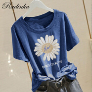Radinka2026夏新款竹節棉鑲鉆純棉短袖T恤女韓寬松白色上衣HBN 1214#【燙鉆雛菊】藍色 XL
