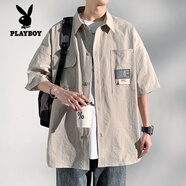 花花公子（PLAYBOY）短袖襯衫男夏季冰絲襯衣男生上衣服潮流夏天休閑工裝外套寸.衫潮 淺灰色 3XL