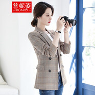 普妮姿小西裝外套女春秋新款韓版時(shí)尚復(fù)古風(fēng)長(zhǎng)袖小個(gè)子休閑網(wǎng)紅西服上衣 9802#咖啡色四?？畚餮b 4XL