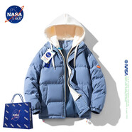 NASA LIKE官方棉服男冬季保暖假兩件連帽棉衣羽面包絨服男士防寒外套棉襖子 藍(lán)色 3XL （建議160-180斤）