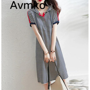 Avmko夏短袖T恤連衣裙新款洋氣時(shí)尚條紋拼色連帽寬松顯瘦中長(zhǎng)休閑a字裙 藏青色 XL
