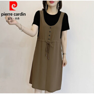 皮爾卡丹（pierre cardin）夏季新款圓領(lǐng)連衣裙拼色假兩件氣質(zhì)顯瘦減齡媽l媽寬松洋氣中長裙 卡其色 5XL 建議145-160斤