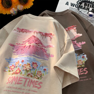 至唯 重磅純棉短袖t恤夏季新款280克雙紗美式潮牌卡通寬松潮流衣服男 T2866杏色 5XL 【推薦200-230斤】