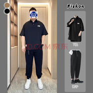 軒森圖（XUANSENTU）微胖男生夏季顯瘦穿搭短袖T恤男韓版寬松拼接V字半袖體恤套裝搭 3327黑色+褲子 2XL (180) （160-180斤）