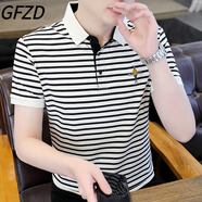 GFZD輕奢高端男裝 夏季條紋T恤男商務(wù)刺繡百搭修身polo領(lǐng)短袖體恤上衣 631米白色 M 建議90-105斤可穿