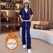 BVX運動套裝女秋冬季時尚拼接假兩件加絨加厚連帽衛(wèi)衣洋氣休閑兩件套 深藍(lán)色【加絨】 XL