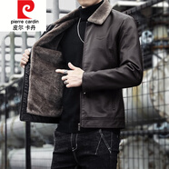 皮爾卡丹（pierre cardin）休閑帥氣皮毛一體男士皮衣毛領(lǐng)外套加厚加絨秋冬季保暖機(jī)車(chē)皮夾克 PY-1117加絨 咖啡色 XXL
