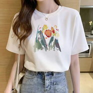 美莎尼純棉t恤女短袖2023新款郁金香潮流上衣ins短袖透氣吸汗通勤百搭t 白色【隨機(jī)圖案】私聊客服 S 建議75-100斤