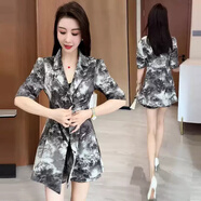 憶靈時(shí)尚雪紡套裝女2025夏季新款時(shí)髦洋氣闊腿短褲氣質(zhì)女神范兩件套潮 灰色水墨畫 XL 【110-120斤】
